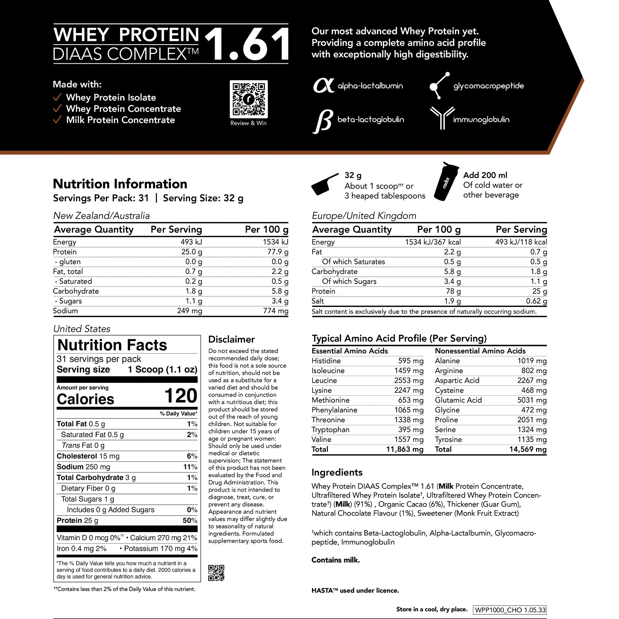 Whey DIAAS Complex 1.61 - Chocolate / 1kg Bag